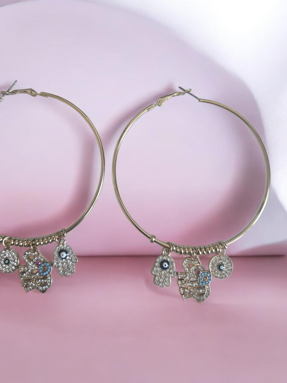 Gold Hoop Earrings with Hamsa and Evil Eye Charms